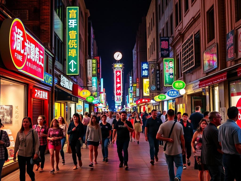 This image captures a bustling night scene in an urban city street filled with vibrant neon signs. Crowds of people are walking along the pedestrian area, providing a lively and energetic atmosphere. The multitude of colorful signs creates a visually stimulating environment, showcasing a mix of advertisements and store names, which reflect a city that never sleeps.