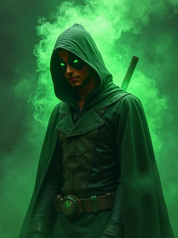 A character with a hood and glowing green eyes portrays a wizard with psychic energy. Dark mist surrounds the character. The art style is a caricature inspired by Craig McCracken, emphasizing a glimmering, polygonal, and hyper-realistic aesthetic, all in green monochrome tones.