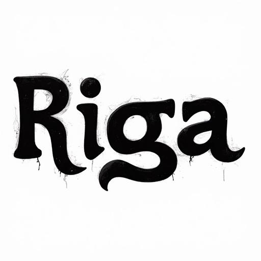 Old school hip-hop text style. White background with the word Riga clearly displayed. Bold black letters with a vintage feel.
