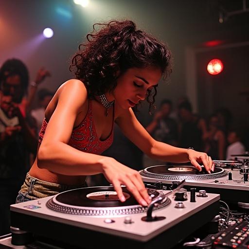 A passionate female DJ from Portugal named Narcisa Faria expertly performing at the 1992 Ortofon World DJ Mixing Championships. She is intensely focused on the turntables while executing fast-paced tricks. The vibrant atmosphere is filled with energy from the audience in a night club setting. The scene captures the excitement and skill of live DJing.