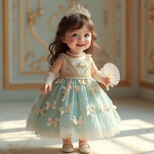 A beautiful toddler girl stands playfully in a pastel blue rococo gown. Long brown hair with a tiara. Big eyes and a joyful smile. Elegant small feet in white slippers. The gown features lace and gold details. One hand holds a delicate fan. Softly lit with a blurred palace-inspired background.