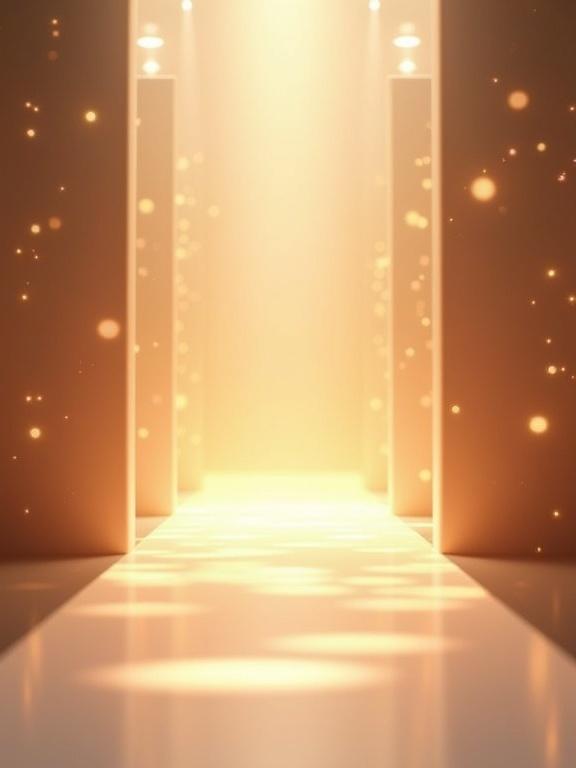 Elegant runway background with soft lights and glow. Centered text styled: Bienvenidos a NeoMuse Models. Colors of gold, soft pink, and pastel beige. Light blur and sparkles create luxurious feel.