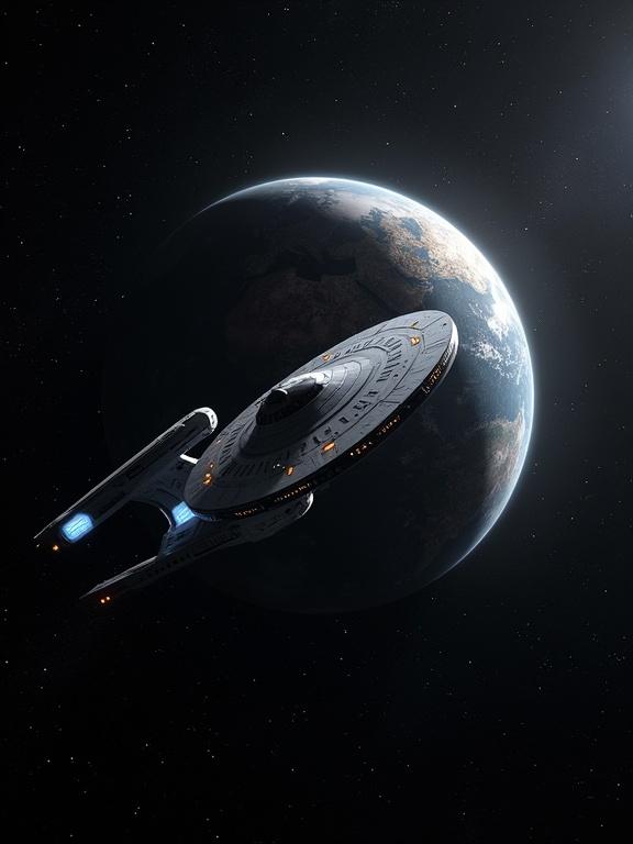 A starship resembling those in Star Trek hovers in orbit around an Earth-like planet. The surrounding space is a deep black offering a stunning contrast to the ship and planet.