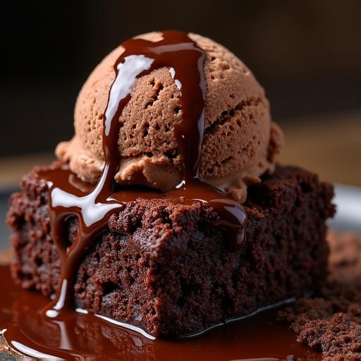Extreme close-up of a delicious brownie topped with chocolate ice cream with chocolate hot sauce dripping down.