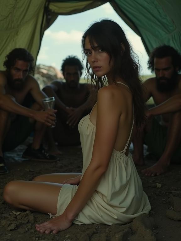 An elegant woman in a tiny slip dress sits inside a dimly lit tent. Surrounded by rugged men. The photo is low resolution and pixelated. It features bright, unnatural colors typical of early Instagram filters.