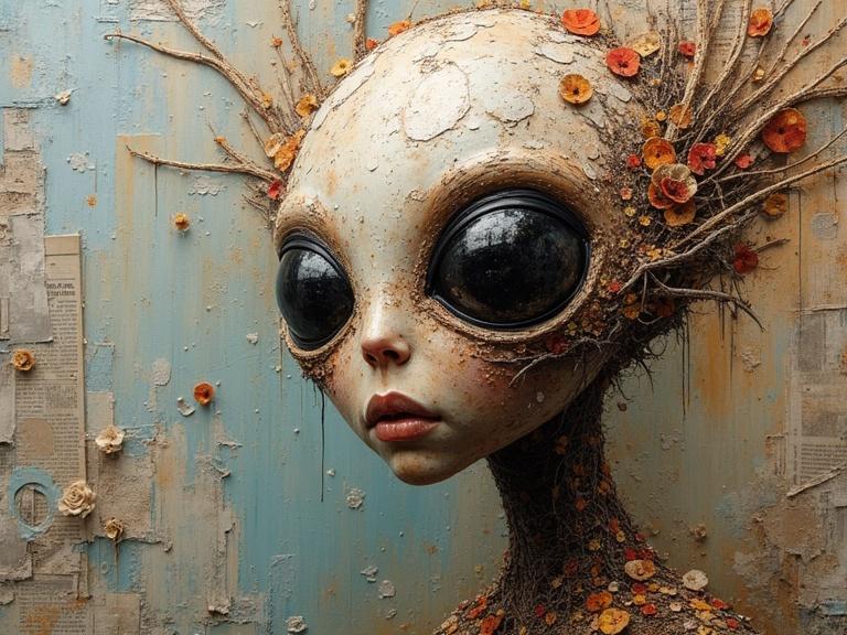 A detailed 3D anthropomorphic alien concept art. Multi-layered textures combined. Features a mix of materials like newspaper and jute fibres. The alien has large expressive eyes and intricate details in the skin. The background has a mix of colors and textures for depth. Emphasis on strong composition and artistic appeal. Intended as a high-resolution artwork with a magical feel.