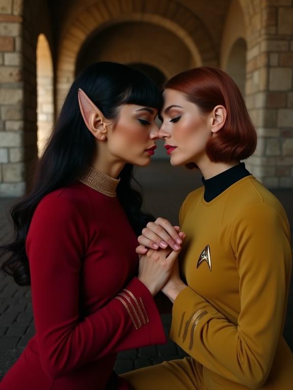 Photograph in the style of Star Trek. Two women share an intimate moment in a medieval interior. One woman has dark hair and wears a red uniform. The other has short auburn hair in a yellow uniform. They hold hands and gaze at each other.
