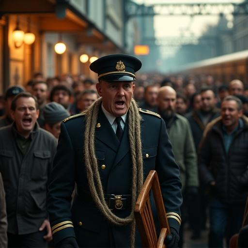 Large crowd at train station yelling at scared uniformed conductor. Thick rope around his neck. One man approaches with wooden chair. Another man holding rope. Tense atmosphere with chaos and aggression. Realistic facial expressions. Early evening light on wet pavement.