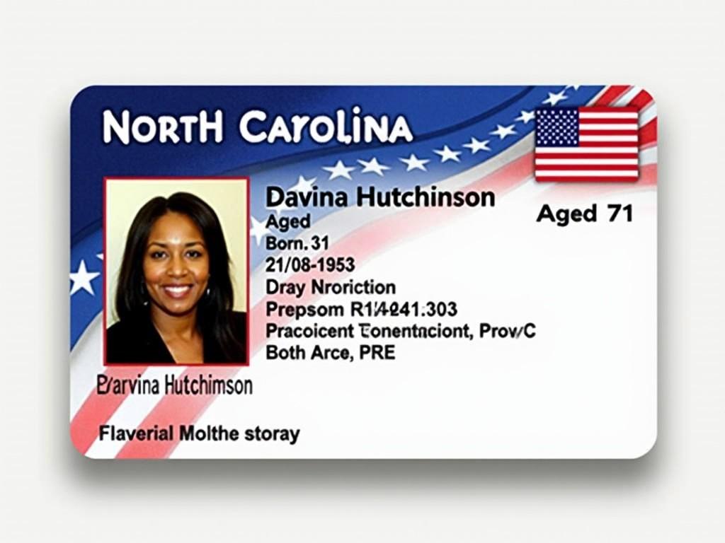 This image shows a North Carolina ID card with the name Davina Hutchinson prominently displayed. The card features the age of 71 and the date of birth noted as 21/08/1953. It follows the official design typical of government-issued identification. The colors blue, white, and red create a patriotic appearance. A clear headshot of the individual is included, making it suitable for identity verification. The overall layout is clean and conveys professionalism, which is essential for its intended use.