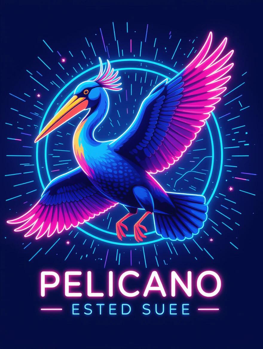 Create a futuristic 9:16 flyer featuring a 3D pelican in vibrant neon colors. The design should include dynamic elements and a glowing aesthetic.