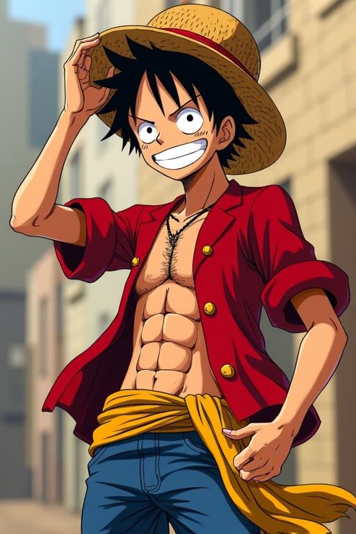 Character wearing a straw hat and red jacket in a confident pose. He has spiky black hair and an adventurous expression. Background shows a city street.