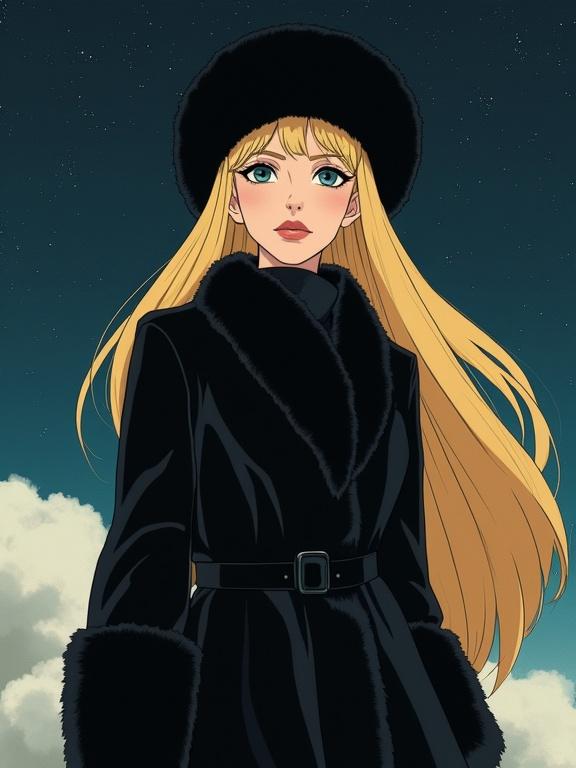 A space traveler woman has long blonde hair. She wears a long black fur coat and hat. The background shows a starry outer space scene. The image has an anime style and evokes an elegant and nostalgic mood.