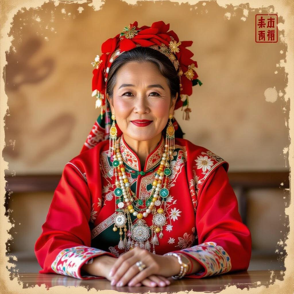 A photo showcasing an elderly woman in traditional clothing. She wears a deep red outfit adorned with colorful beads and earrings. Her hands are folded, showcasing bracelets and rings. The setting has wooden elements, creating a warm atmosphere. The overall tones are warm with red and brown predominating, indicating wisdom and stability. The composition highlights her as the focal point, conveying tranquility.