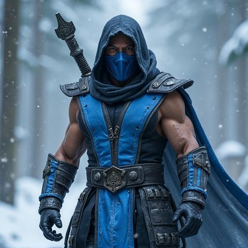 Character from Mortal Kombat series. Sub-Zero is depicted in a dynamic pose. Wears a blue and black armored costume. The background is a snowy forest setting.