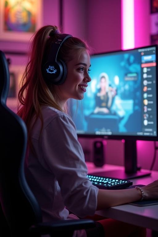 Happy girl live streaming at her gaming desk. She wears headphones. She looks at the computer monitor. The desk has a gaming chair and keyboard. Colorful LED lights enhance the gaming atmosphere.