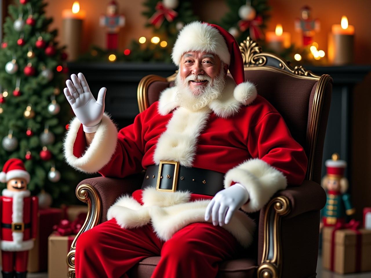 Cozy holiday scene featuring Santa Claus waving in an ornate chair. Background includes decorated Christmas trees, gifts, and Christmas soldiers. Soft warm lighting enhances the festive feel. Decorations like wreath and candles are present. Inviting joyful atmosphere that captures the essence of Christmas.