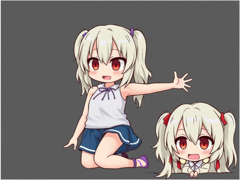 Two anime-style characters with light hair and red eyes. One character sits with a playful pose. Another smaller character lies down nearby. Both are wearing casual outfits. The background is plain dark gray.