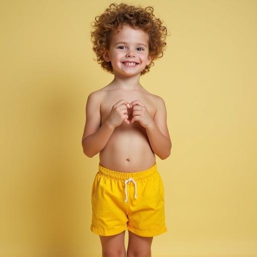 Photo of a fit boy wearing yellow shorts. He has a heart-shaped face and is smiling. The background is bright.