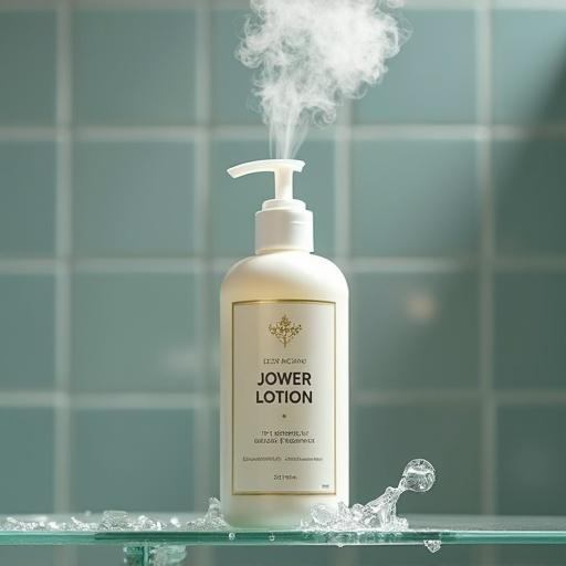 A high quality product photo of a lotion bottle on a shower shelf labeled Levi's Jower Lotion with steam rising