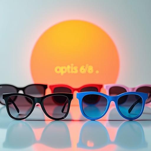 A selection of sunglasses displayed on a reflective surface. Sunglasses in colors like black, red, blue, and pink are arranged elegantly. Behind the sunglasses, a sun shape glows with the text 'OPTICS 6/6.'