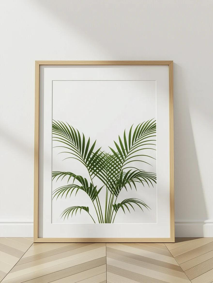 A minimal, photorealistic mockup scene featuring a wooden picture frame leaning against a plain white wall on a wooden floor. The frame is in landscape orientation, A3 size, with a thin border and a blank white surface. The setting is neutral and professional with soft lighting and no other distractions.