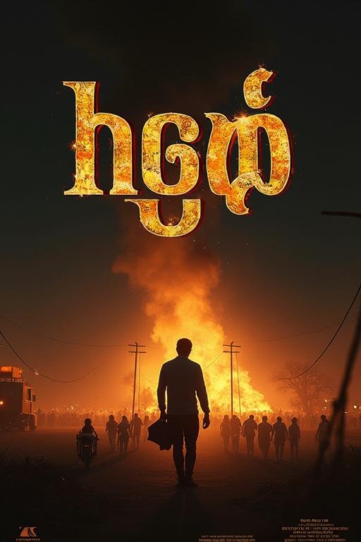 An artistic movie poster with a dramatic silhouette of a person walking towards a large fire. The title is bold and styled in fiery letters in a cinematic atmosphere.