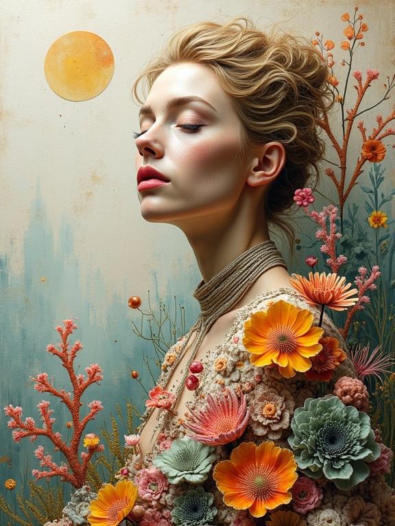 A stunning and evocative portrait depicts a pale nude woman adorned with coral and flowers. This artwork showcases exceptional texture and vibrant colors, blending various materials like jute, sand, and origami. The composition emphasizes a zen garden aesthetic influenced by coral reefs. Soft shadows and unique lighting enhance the overall depth.