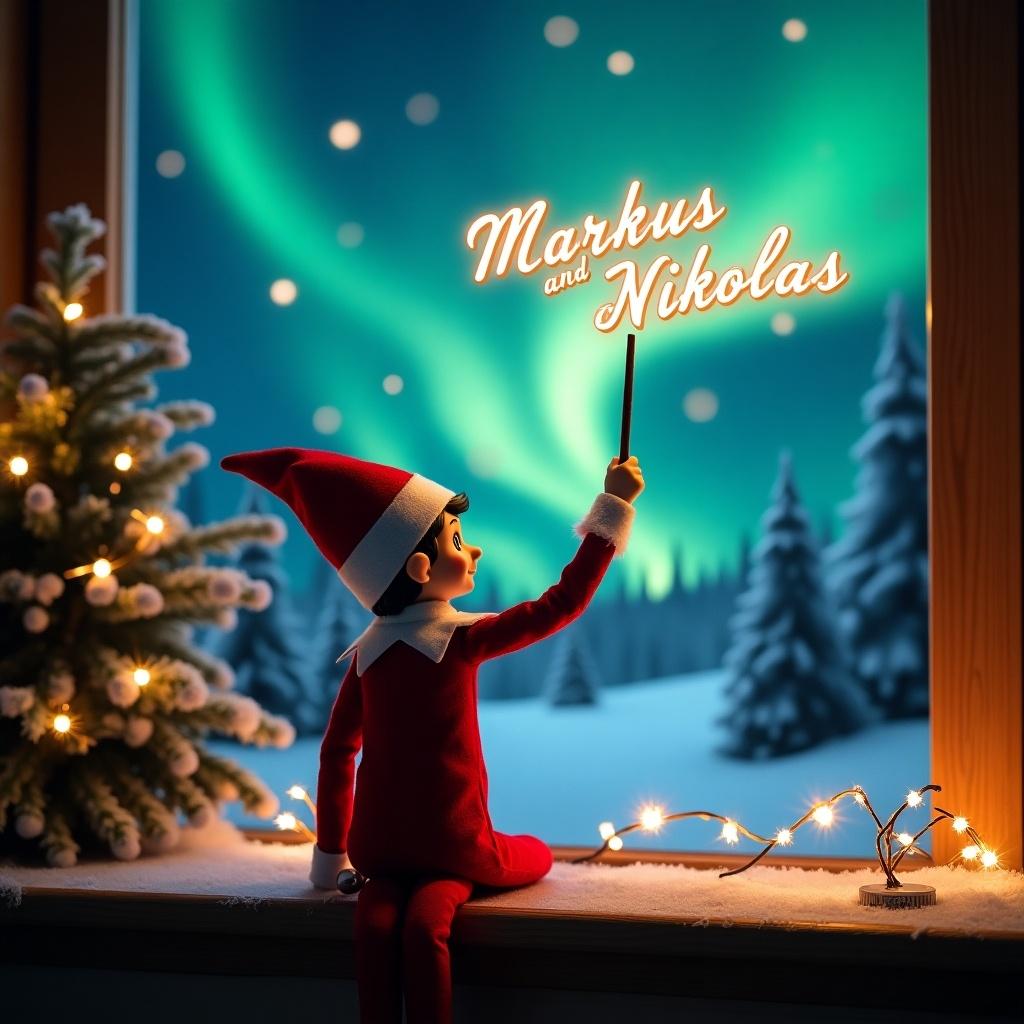 An enchanting Christmas scene featuring an elf on the shelf facing the sky with his back to the viewer. The elf is dressed in red and white, holding a magic wand that writes 'Markus and Nikolas' in a glowing script above him. The backdrop showcases vibrant northern lights, enhancing the magical ambiance. Surrounding the elf are Christmas decorations, creating a festive mood. The composition captures a whimsical twist on holiday traditions, evoking a sense of wonder and excitement.