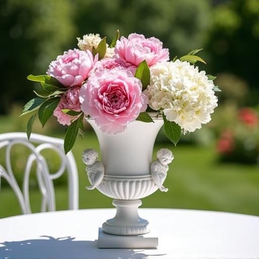 A white urn with cherub motif. It contains pink peonies and white hydrangea. The urn is on a white table. The setting is a garden on a bright sunny day.