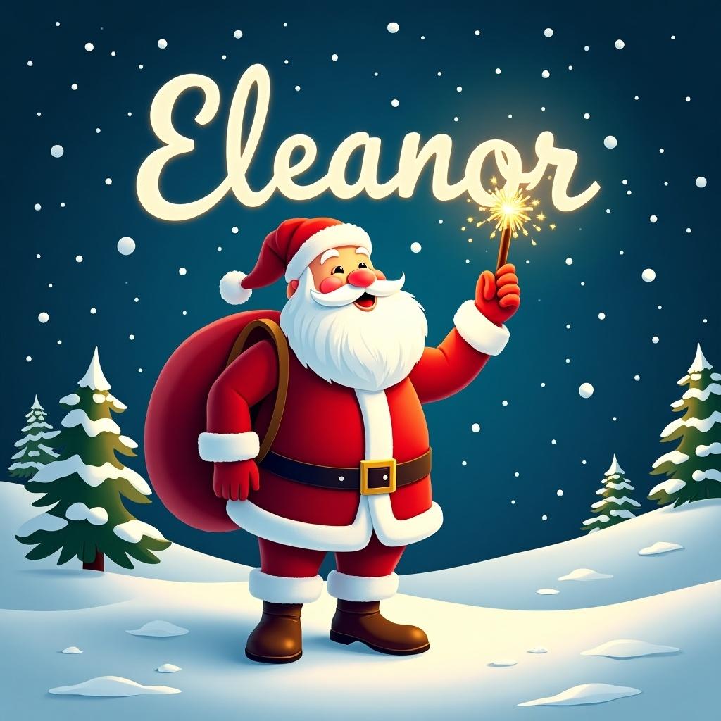 The image features a cheerful Santa Claus standing in a snowy landscape. He has a large red sack slung over his shoulder and is holding a sparkly wand. Santa is dressed in his traditional red and white outfit, complete with a belt and boots. Behind him, the night sky is illuminated with twinkling stars. Pine trees dot the snowy ground, encapsulating a festive winter atmosphere. A cheerful Santa Claus stands in a snowy landscape, writing the name 'Eleanor' in the night sky with a magical light, He wears a traditional red suit with white trim and carries a large sack on his back, The background features a starry night sky filled with sparkling stars, Snowflakes gently fall around him, creating a warm and festive atmosphere, Pine trees are visible in the distance, enhancing the winter wonderland feel and inviting a sense of joy during the holiday season.