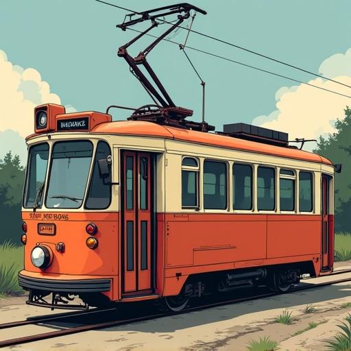 A vector illustration showcasing an old tram designed as a Track Recording Vehicle. Features include prominent orange and white colors, a vintage design, and situated on a track in a natural setting.