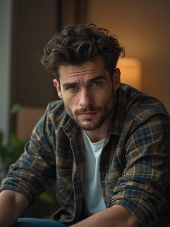 Portrait of a cool handsome man in casual attire sitting in front of a camera. Image has low quality, appearing grainy, resembling mobile phone photography.