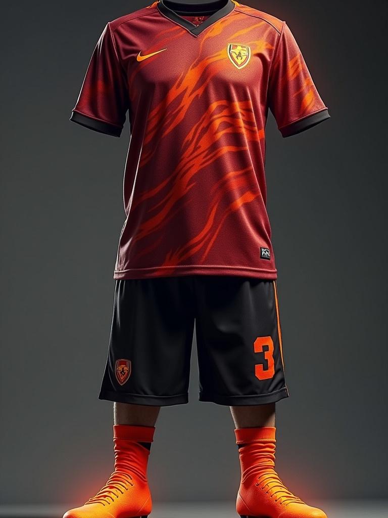 A jersey with a deep crimson base featuring swirling flame designs. The shirt has heat-resistant fabric for comfort. The shorts are dark black with an iridescent shine. Bright orange socks transition to black at the top. Cleats glow with heat and enhance speed. Flame symbols on the jersey glow when energized.