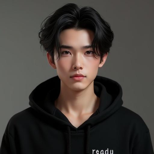 A young man appears in a photorealistic style. He has dark hair, a pale complexion, and is styled as a high-end ball joint doll. The figure is about 20 years old, with a rectangular chin and jawline, a long face, extra thin pale lips, small brown irises, and thick sincere eyebrows. He has a muscular build and broad shoulders, dressed in a black hoodie featuring the text 'I am ready'. He looks slightly edgy with beautiful eyes and a middle part hairstyle. The image has a professional quality and a 2:3 aspect ratio.