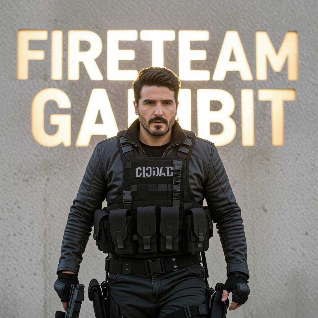 Title FIRETEAM GAMBIT in stencil cut concrete texture. Man in tactical gear stands in front of the text. Myriad of action and intensity captured. Movies and gaming world visuals. Super realistic details.