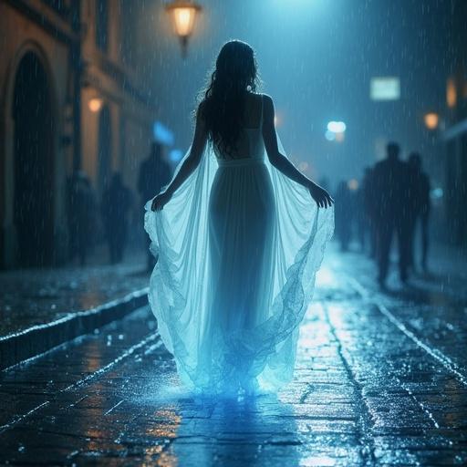 Graceful figure in a translucent gown standing on a cobblestone street. Soft rain falling creates a misty atmosphere. Long hair flows like rain. Gentle glow in pale blue and silver. Calming effect in a quiet night scene. Cinematic lighting enhances ethereal vibe. Hyper-realistic and ultra-detailed.