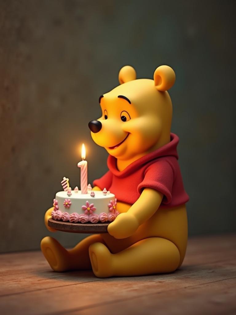 Winnie the Pooh sitting on the floor. Holding a birthday cake with one candle burning. Wishing Arya Jean a happy first birthday.