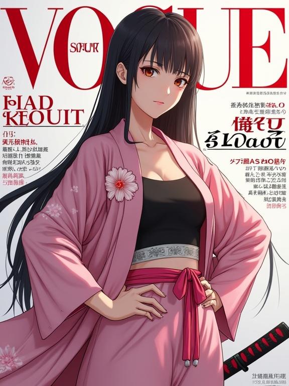 A female character inspired by Shunsui Kyōraku in a pink floral kimono. The pose is relaxed; one hand is on her hips while the other arm rests over a sheathed katana. Hair is long and straight, with a calculating expression. Magazine cover background resembling VOGUE with fashion elements and a subtitle 'SOUL SOCIETY'. The shot is knee-up with a slightly higher angle.