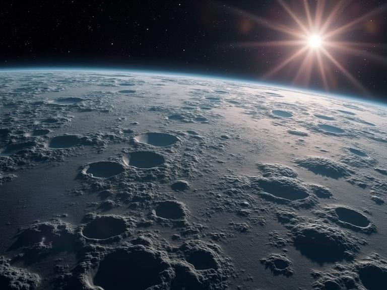 View from a space station overlooking the moon's surface. Craters visible on the lunar landscape. Sunlight illuminating the scene against a starry background.