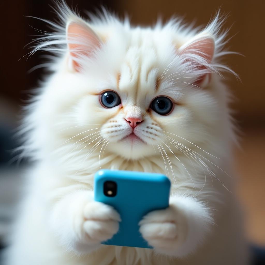 A fluffy white cat is attentively holding a blue smartphone with its paws. The cat has large, expressive blue eyes and its fur looks soft and fluffy. It appears curious and engaged as it interacts with the phone. The background is softly blurred to keep the focus on the cat and the smartphone. The lighting is gentle and enhances the cat's features, creating a warm and inviting scene.