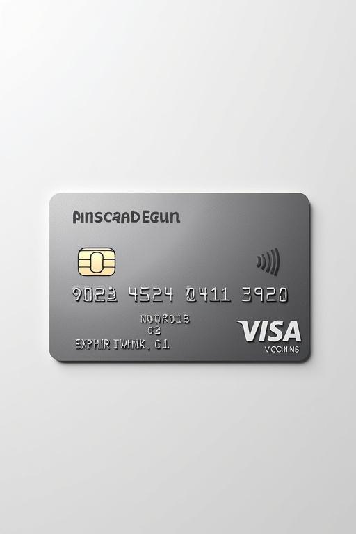 Image of a stylized credit card with a Visa logo. The card has a silver background with bold black font. The card number is clear and the name is well aligned under the logo. The expiry date is clearly shown.