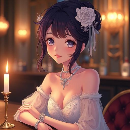 High-quality anime-style illustration of a beautiful woman at a candlelit bar or lounge. Dark violet hair in an elegant updo with white roses and ribbons. Soft, melancholic expression with large blue-gray eyes. Shimmering off-shoulder evening gown with floral embroidery and translucent sleeves. Elegant silver jewelry including choker and earrings. Flickering candle on polished table, warm chandelier background.