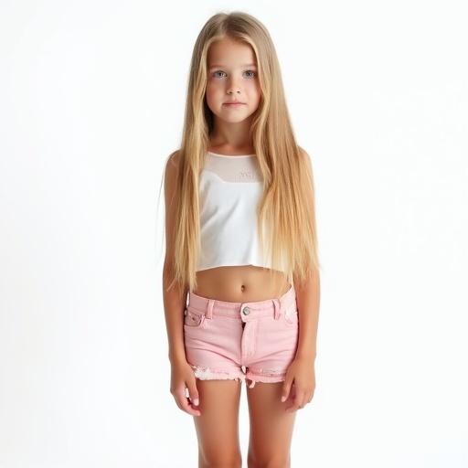 Girl stands in front of a white background. She has long straight blonde hair. She wears a crop top and pink shorts. She has beautiful long legs and eyes.