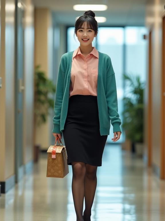 Korean female secretary walking in an office. Carrying bento boxes. Wearing a blush-pink blouse with a black knee-length skirt. Teal cardigan and dark-brown pantyhose. Black pumps. Neatly bunned black hair with light makeup. Endearing smile. Bright office lighting.