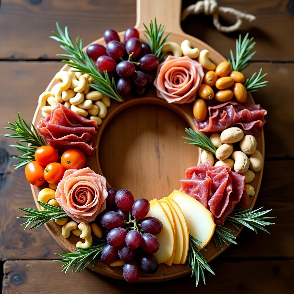 Food photography featuring a charcuterie board shaped like a wreath. Includes various cheeses crackers grapes cherry tomatoes nuts and cured meats in rose shapes. Decorated with rosemary sprigs on a wooden surface with a handle for carrying or hanging. Ideal for holiday gatherings and special occasions.