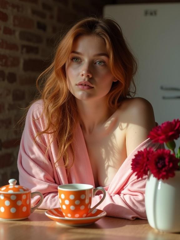 This image showcases a woman with long auburn hair in a pink robe. She is gazing thoughtfully to the side. The background features a rustic brick wall and a vintage refrigerator. On the table are orange polka-dotted cups and a teapot. A vase with deep red flowers adds color. Natural sunlight highlights her features.