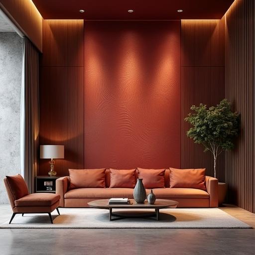 Luxurious interior space with elegant modern design and richly textured feature wall. Deep warm tones including brushed metallic reds and matte carbon blacks create a sophisticated atmosphere. Sleek minimalist furniture complements the space. Company name prominently displayed as 'Redmark Surface Coatings' with embossed font. Dramatic lighting accentuates textures. Designed for an Instagram advertisement aimed at architects and interior designers.