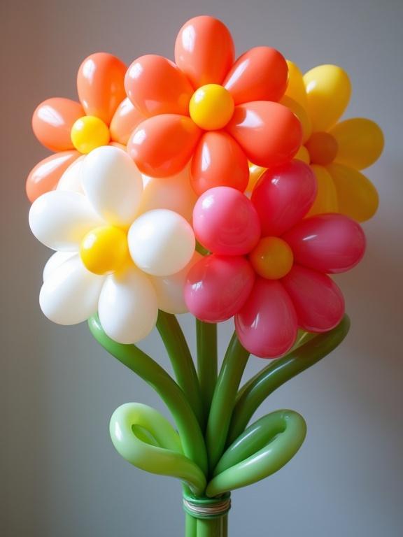 A vibrant bouquet of balloon flowers in various colors. The flowers are shiny and well-lit. The stems are green. Perfect for decorations.
