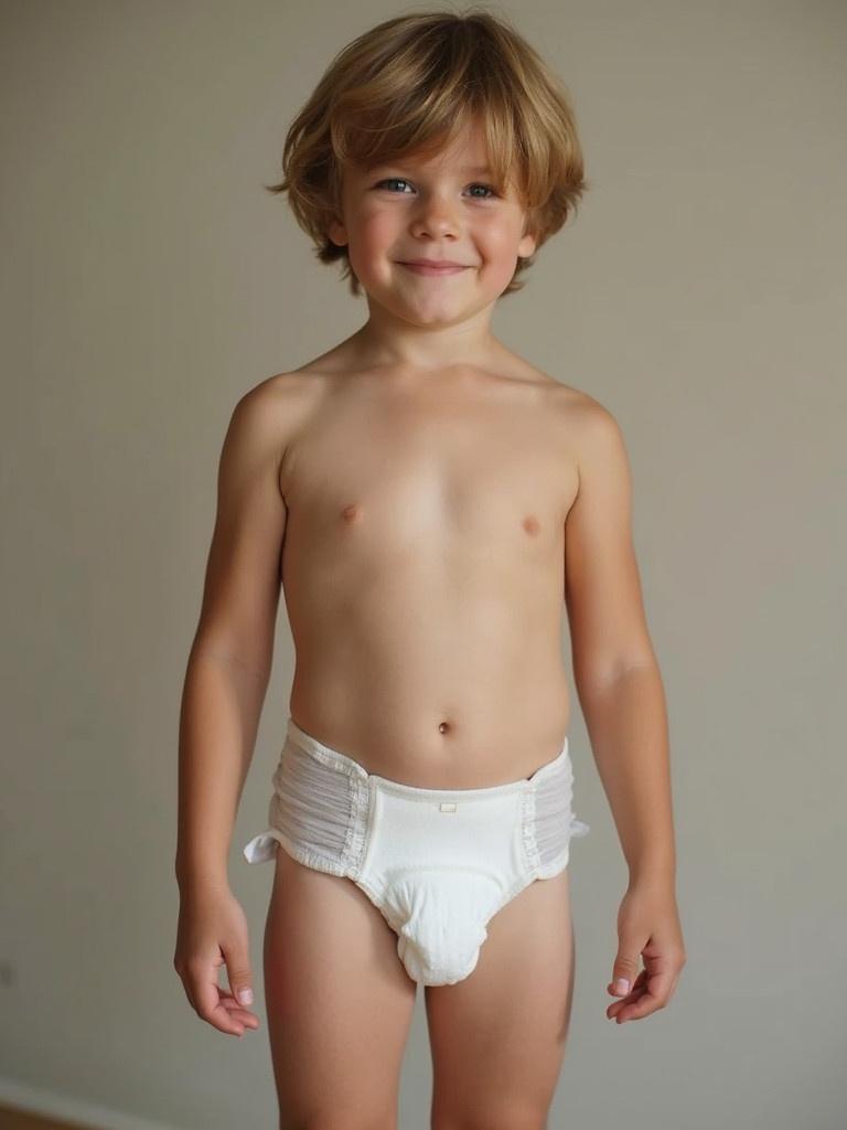 A boy stands in a neutral setting wearing a white diaper. The focus is on the boy's posture and attire.