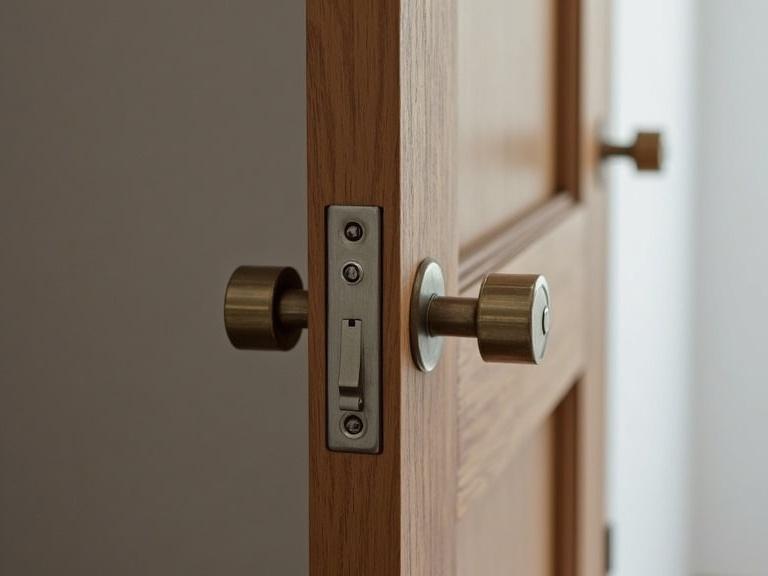 Close-up view of a modern door hardware. Features a wooden door with a stylish door knob and lock. The door is partially open, showcasing its design and functionality.